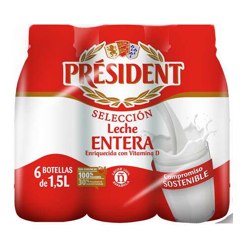 PRÉSIDENT Leche entera de vaca de origen 100% español 6 x 1.5 l.