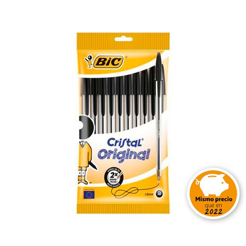 Lote de 10 bolígrafos de punta media grosor fina de 1 mm y tinta base aceite negra BIC Cristal.