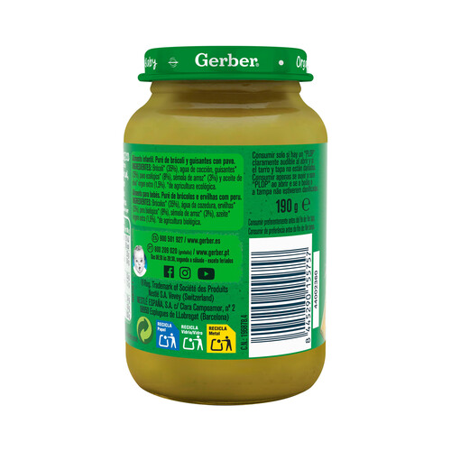 GERBER Organic Tarrito de de brocolí y guisantes con pavo, a partir de 6 meses 190 g.