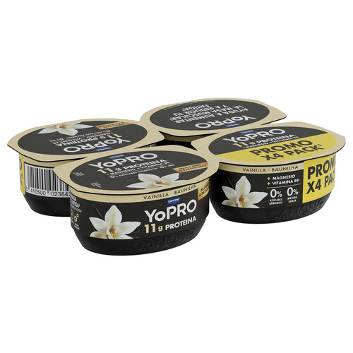 YOPRO de Danone Leche fermentada a vainilla, rico en proteínas y sin azúcares añadidos ni grasa 4 x 120 g.