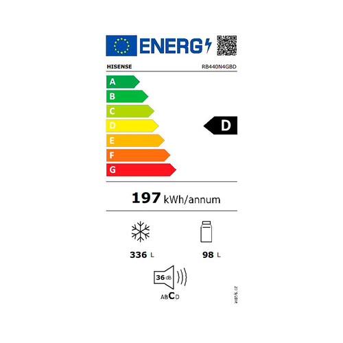 Frigorífico combi 2001cm HISENSE RB440N4GBD cristal negro, NO FROST, clasificación energética: D, H: 200,4cm, A: 59,5cm, F: 59cm, capacidad total: 336L.