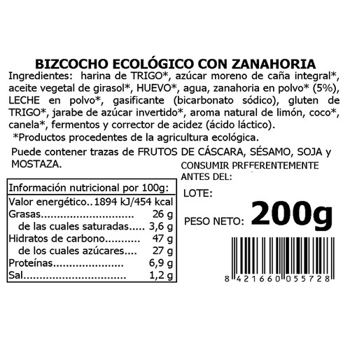 LA GRANJA Bizcocho ecológico de zanahoria 200 g.