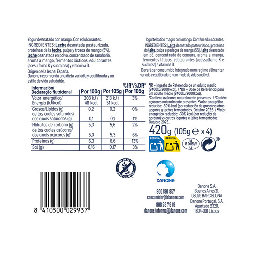 DANONE + Proteína Yogur desnatado con mango y alto contenido en proteínas 4 x 105 g.