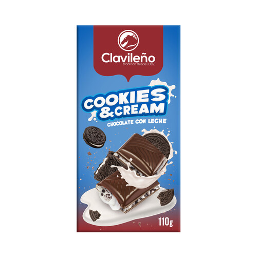 CLAVILEÑO Cookies & cream Chocolate con leche cruejiente, 110 g.