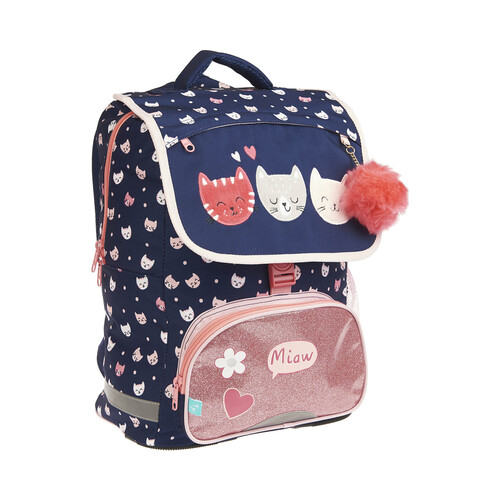 Mochila de 38cm con solapa, varios compartimentos, gatos, ALCAMPO. 