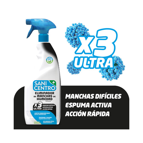 SANICENTRO Spray eliminador de manchas de humedad, con espuma activa, acción rápida y aroma a eucalipto 750 ml. 