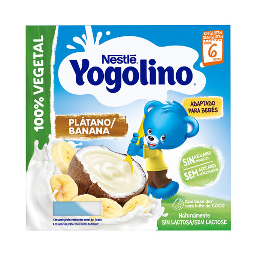 YOGOLINO Postre 100% vegetal con coco y plátano, adapatado para bebés a partir de 6 meses YOGOLINO de Nestlé 4 x 90 g.