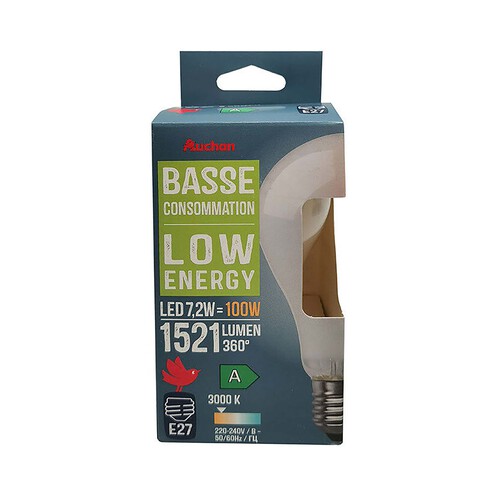 Bombilla Led E27 clase A, 7,2W=100W, luz cálida, 1521lm, cristal mate, PRODUCTO ALCAMPO