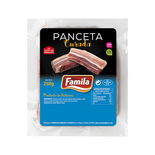FAMILIA Panceta asturiana curada, en trozos, elaborada sin gluten y sin lactosa FAMILIA 250 g.