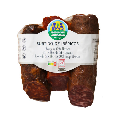 ALCAMPO PRODUCCIÓN CONTROLADA Lote de embutidos ibéricos lomo cebo (300g.), chorizo cebo (300g.) y salchichón cebo (300g.)