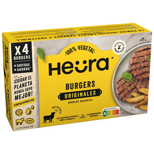 HEÜRA Burger vegetal a base de proteína de guisante y aceite de oliva virgen extra 4 x 110 g.