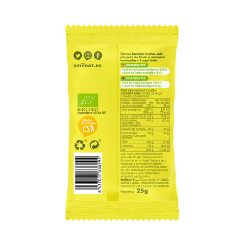 SMILEAT Triboo Snacks de pure de limón y manzana, horneados a fuego lento y con divertidas formas 25 g.