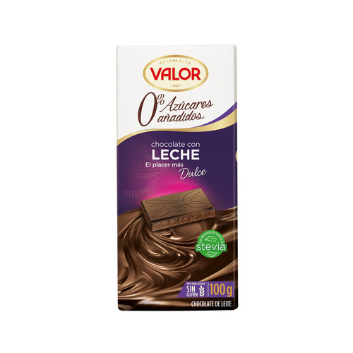 VALOR Chocolate con leche, 0 % azúcares añadidos 100 g.