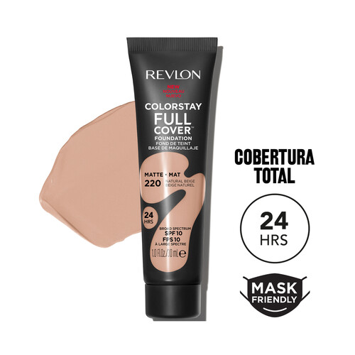 REVLON Colorstay full cover tono 220 Natural beige Base de maquillaje de textura ligera, cobertura 100% mate 30 ml.