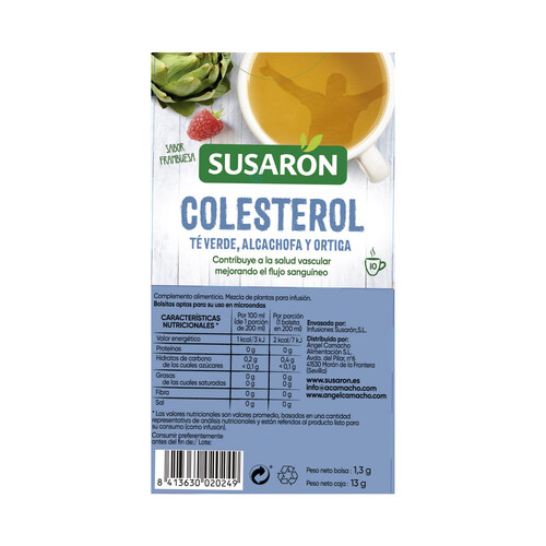 SUSARON Colesterol Infusión té verde, alcachofa y ortiga 10 uds. 13 g.