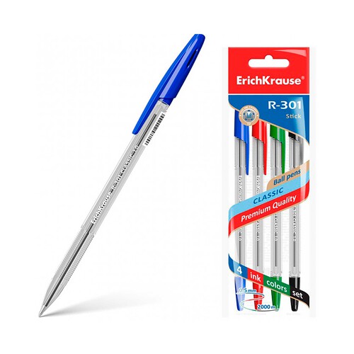 Bolígrafo ErichKrause® R-301 Classic Stick 1.0, tinta color: azul (bolsa 4 uds.)