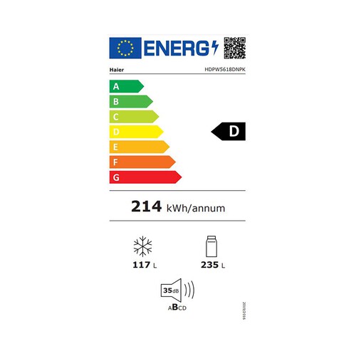 Frigorífico combi 185cm HAIER SILVER HDPW5618DNPK, NO FROST, clasificación energética: D, H: 185cm, A: 59,5cm, F: 66,7cm, capacidad total: 352L.