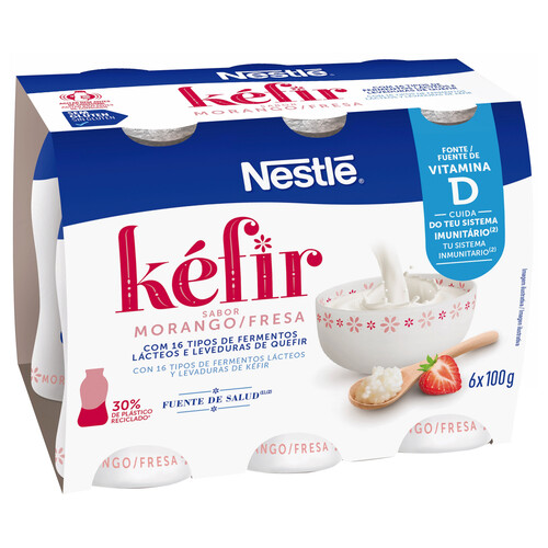 NESTLÉ Kefir líquido sabor a fresa, elaborado con fermentos lácteos y levaduras 6 x 100 g.