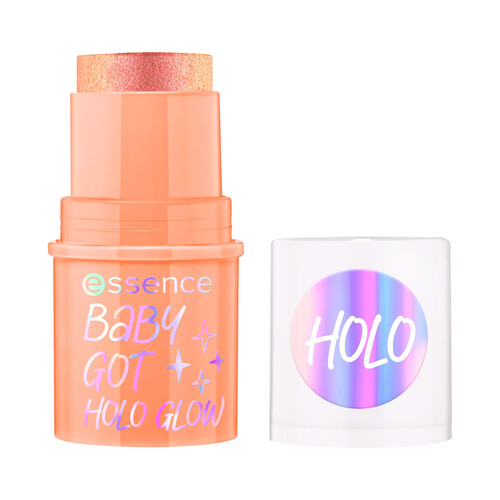 ESSENCE Baby got holo glow tono melocotón Iluminador holográfico en barra con acabado brillante.