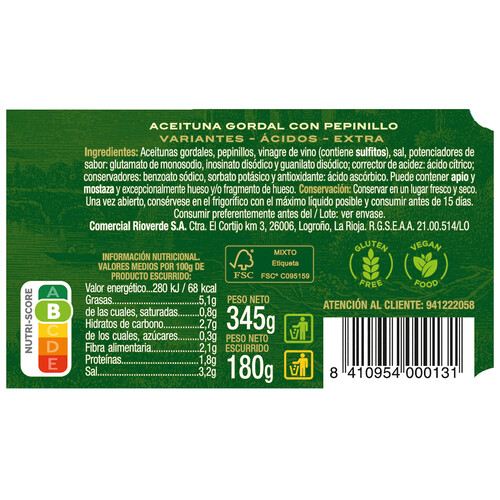 RIOVERDE Aceitunas gordal con pepinillos en frasco de 180 g.