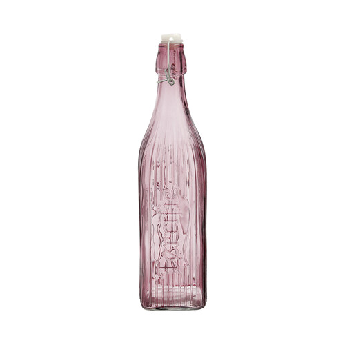 Botella de vidrio color rosa con forma cuadrada y tapón clip, 1 litro, Viba QUID.