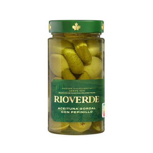 RIOVERDE Aceitunas gordal con pepinillos en frasco de 180 g.