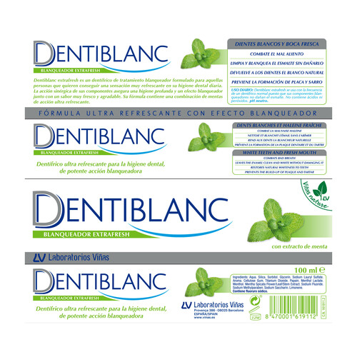 DENTIBLANC Pasta de dientes blanqueadora con intenso sabor a menta DENTIBLANC Extrafresh 100 ml.