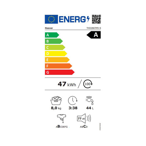 Lavadora CANDY THO286TM5-S 8KG, color blanco, clasificación energética: A, 1200RPM, H: 86cm, A: 41cm, F: 60cm.