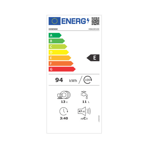 Lavavajillas HISENSE HS622E10X, capacidad 13 servicios, clasificación energética E, H: 84,5cm, A: 59,8cm, F: 60cm.