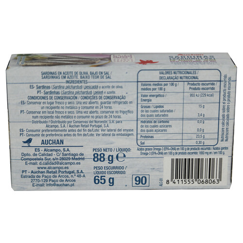 PRODUCTO ALCAMPO Sardinas (sardinillas), bajo contenido en sal 65 g.