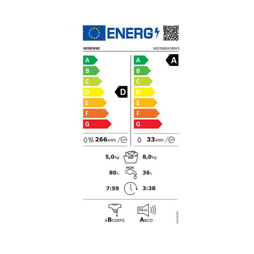 Lavadora secadora HISENSE WD3S8043BW3 lavado/secado: 8KG/5KG, clasificación energética: A, 1400RPM, H: 84,5cm, A: 59,5cm,F: 515cm.