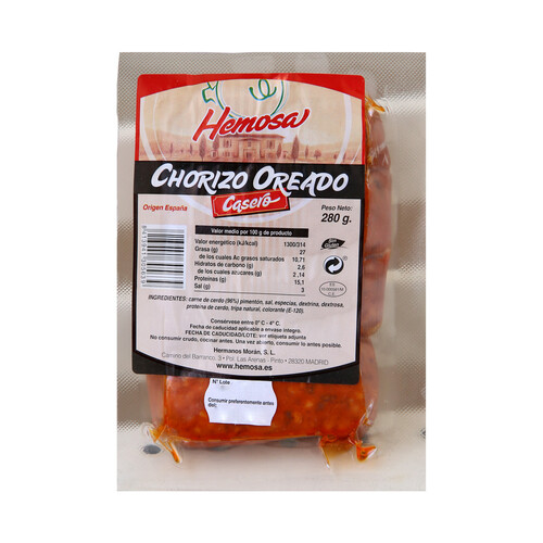 Chorizo casero oreado, sin gluten HEMOSA 280 g.