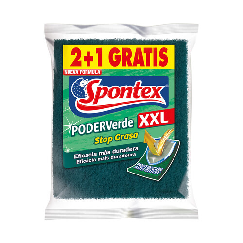 SPONTEX Estropajo fibra antigrasa SPONTEX PODER VERDE XXL 2 + 1 uds.