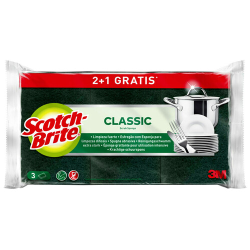 SCOTCH-BRITE Classic Estropajo de fibra verde para una limpieza fuerte 3 uds.
