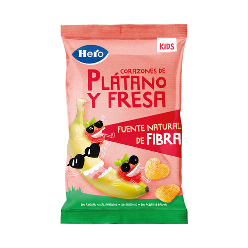 HERO Snacks infantiles sin azúcares añadidos, de maíz con corazones de plátano y fresa, a partir de 36 meses HERO Kids 30 g.