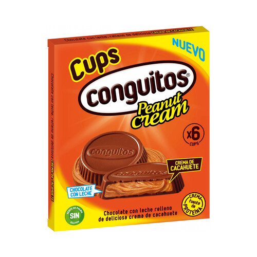 CONGUITOS Snack chocolate con leche relleno de crema de cacahuete Cups, 6 uds. 102 g.