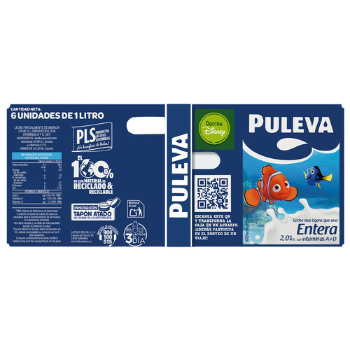 PULEVA Leche de vaca entera ligera (sólo 2% de materia grasa) 6 x 1 l.