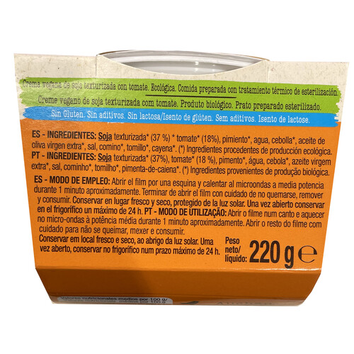 ALCAMPO ECOLÓGICO Crema vegana de soja texturizada con tomate ALCAMPO ECOLÓGICO 220 gr.