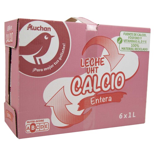 AUCHAN Leche entera de vaca, enriquecida con calcio 6 x 1 l. Producto Alcampo