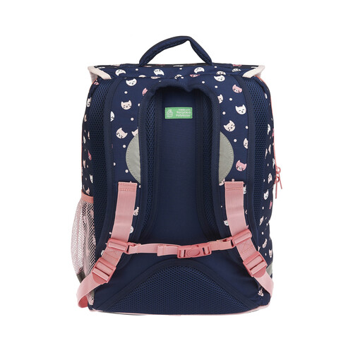 Mochila de 38cm con solapa, varios compartimentos, gatos, ALCAMPO. 