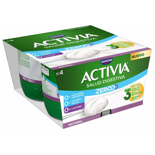 ACTIVIA Triple zero de Danone Bífidus desnatado (0% materia grasa) natural, sin lactosa 4 x 120 g.