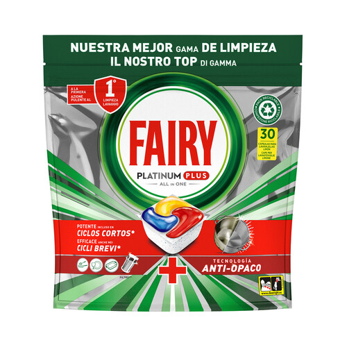 FAIRY Platinum plus Detergente todo en uno para lavavajillas en cápsulas, tecnología anti-opaco 30 uds.