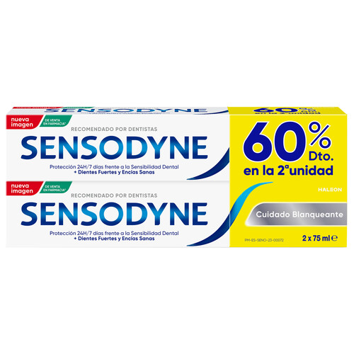 SENSODYNE Pasta de dientees blanqueante para dientes fuertes y encías sanas 2 x 75 ml.