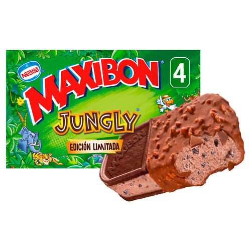 MAXIBON Sándwich de helado de chocolate con trozos de galletas de chocolate jungly de Nestlé 4 x 140 ml.