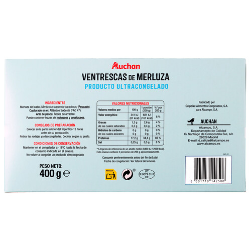 AUCHAN Ventrescas congeladas de merluza 400 g. Producto Alcampo