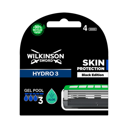 WILKINSON Hydra 3 Black edition Recambios con cabezal de 3 hojas para maquinillas de afeitar 4 uds.