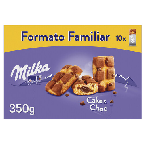 MILKA Cake&choc Bizcochitos con pepitas de chocolate con leche, rellenos de chocolate 350 g.