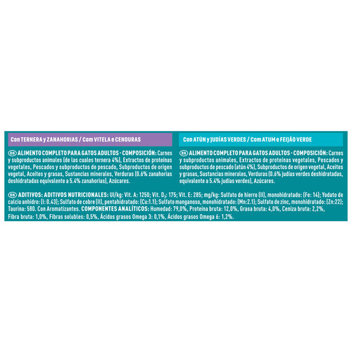 PURINA One Comida para gatos con indoor formula a base de atún y judías verdes (2) o ternera y zanahorias (2) 4 x 85 g..