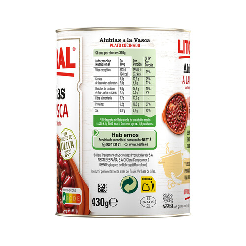 LITORAL Alubias a la Vasca con embutido selecto LITORAL lata de 430 g.