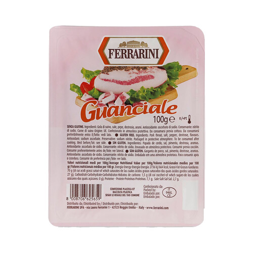 FERRARINI Guanciale (pancenta italiana) cortado en taquitos, ideales para preparar la autentica carbonara italina FERRARINI 100 g.